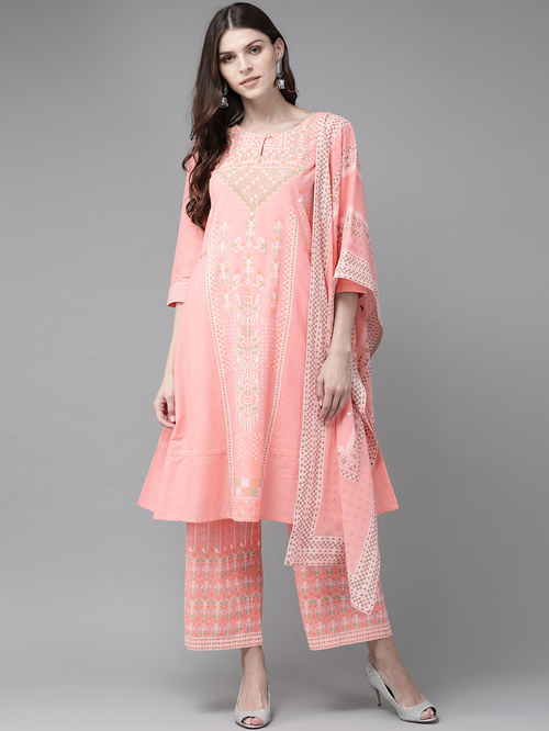 Juniper Rose Pink Cotton Printed Kurta Palazzo Set With Dupatta Price in India