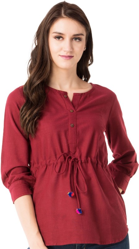 Casual Cuffed Sleeve Solid Women Maroon Top Price in India