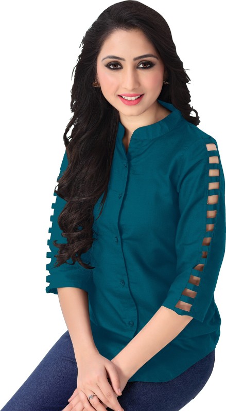 Casual 3/4 Sleeve Solid Women Dark Blue Top Price in India