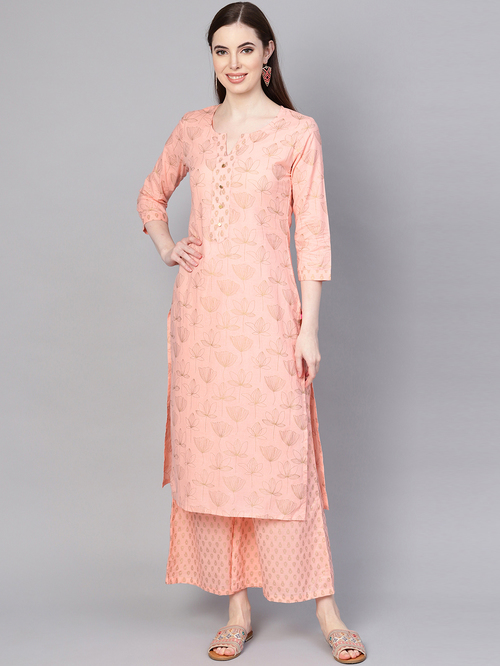 Varanga Peach Floral Print Kurti Palazzo Set Price in India