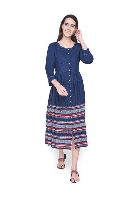 Global Desi Indigo Striped Midi Dress Price in India
