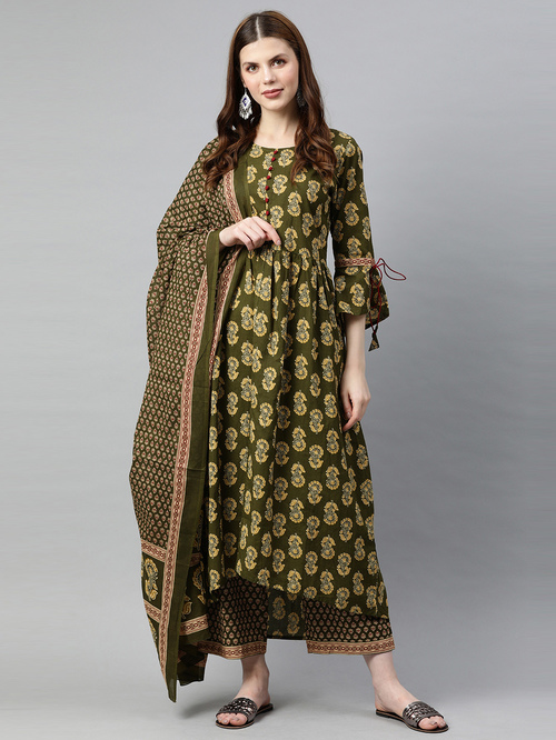 Jaipur Kurti Green Cotton Floral Print Kurta Palazzo Set With Dupatta Price in India