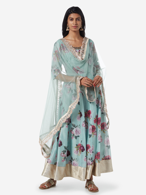 Vark by Westside Light Blue Floral Maxi Dress And Dupatta Price in India