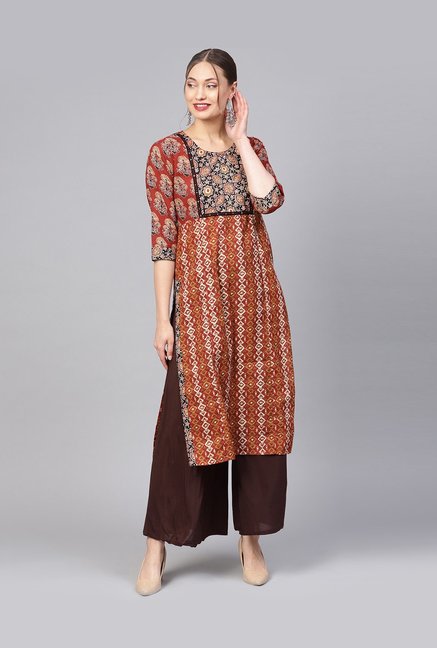 Jaipur Kurti Maroon Cotton Printed Straight Kurti Price in India