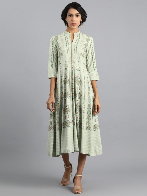 W Green Floral Print A-Line Dress Price in India