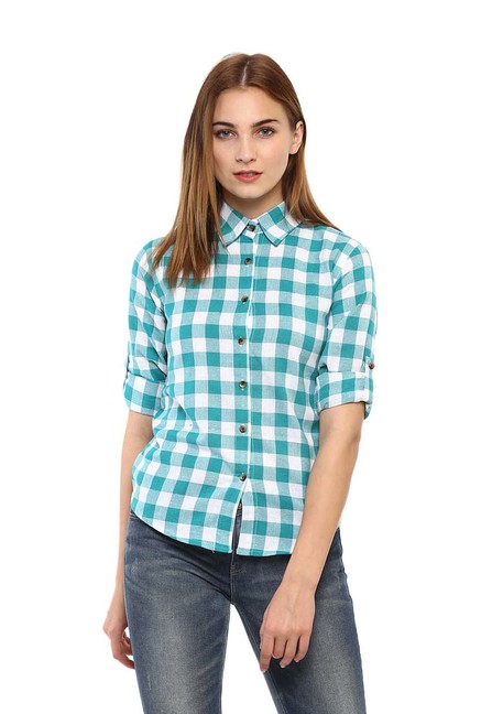 Mayra Turquoise Cotton Chequered Shirt Price in India