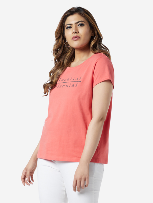 Sassy Soda Curve by Westside Coral Text Print Edna T-Shirt Price in India