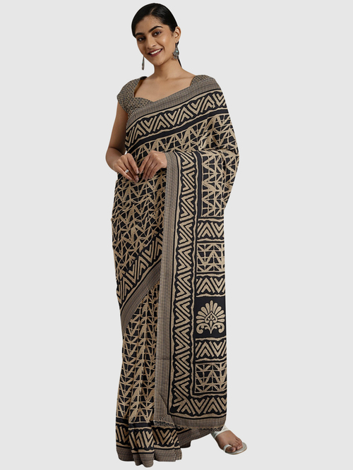 Pavecha's Black & Beige Printed Saree With Blouse Price in India
