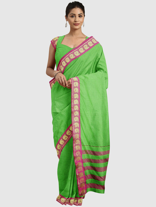 Pavecha's Parrot Green Cotton Saree With Blouse Price in India