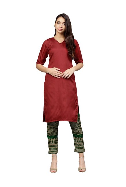Ahalyaa Red & Green V-Neck Suit Set Price in India