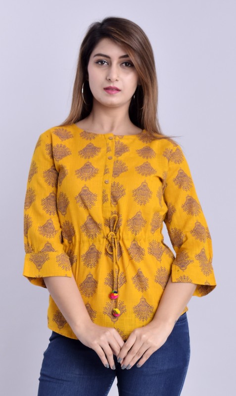 Casual 3/4 Sleeve Printed Women Yellow Top Price in India