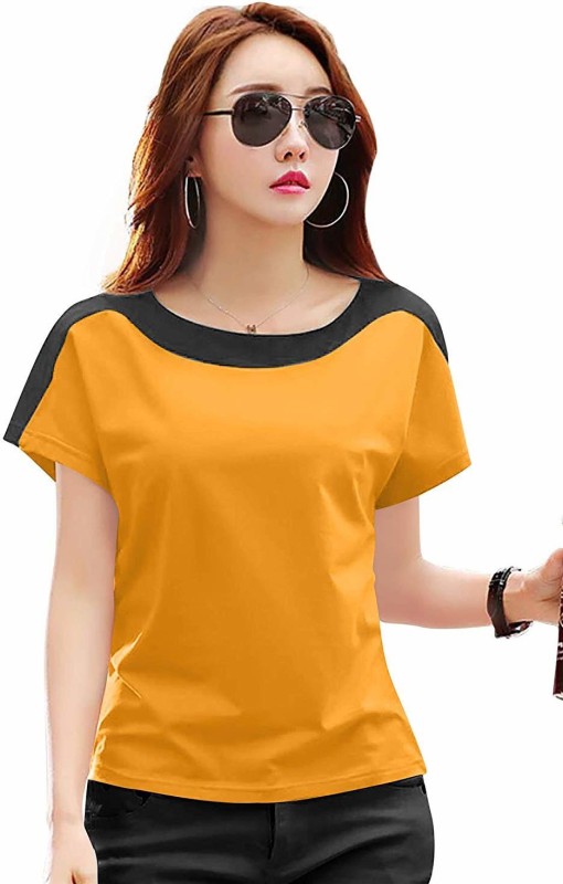 Solid Women Round Neck Yellow T-Shirt Price in India