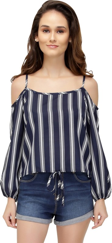 Casual Cold Shoulder Striped Women Dark Blue Top Price in India