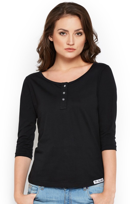 Solid Women Henley Black T-Shirt Price in India