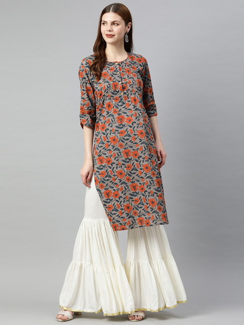 Jaipur Kurti Grey Cotton Floral Print Straight Kurta Price in India