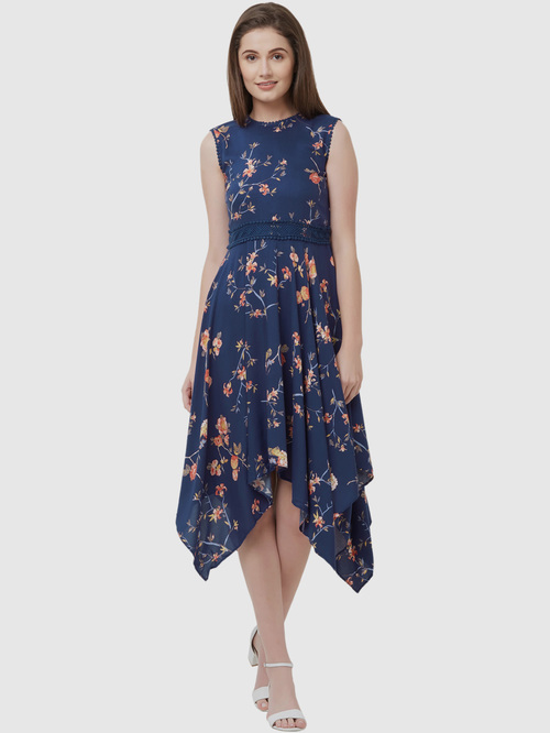 109 F Royal Blue Floral Print Assymetric Dress Price in India