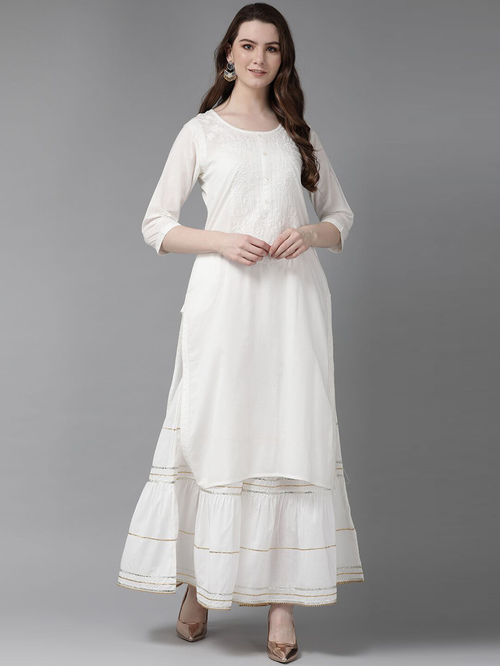 Juniper White Cotton Embroidered Straight Kurta Price in India