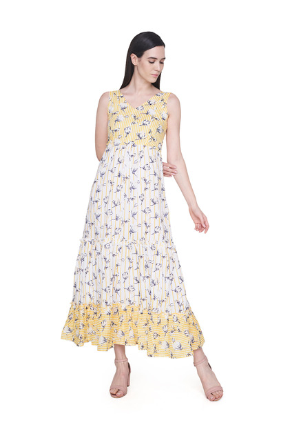 AND Yellow & White Printed Maxi Gown Price in India