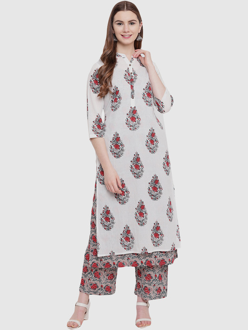 Divena White & Beige Cotton Floral Print Kurta Palazzo Set Price in India