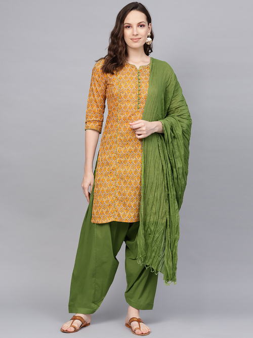 Jaipur Kurti Yellow & Green Cotton Printed Kurta Salwar Set With Dupatta Price in India