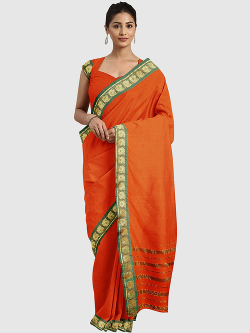 Pavecha's Orange Cotton Saree With Blouse Price in India