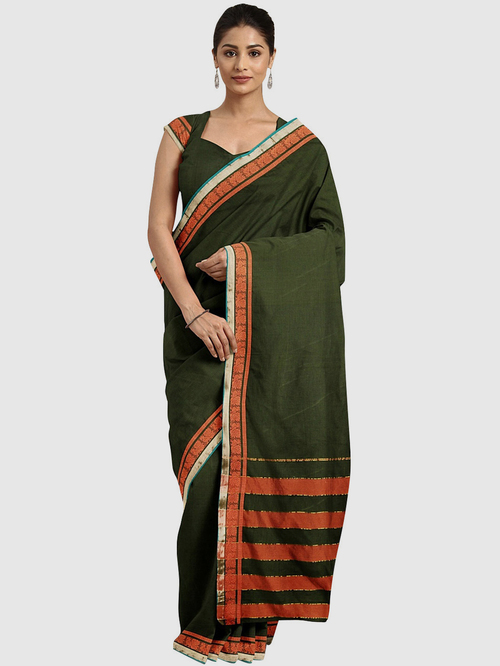 Pavecha's Olive Green Cotton Saree With Blouse Price in India