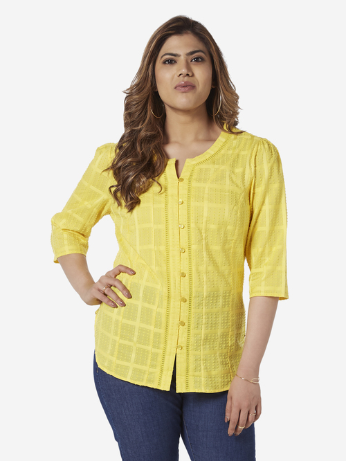 Gia Curve by Westside Yellow Self-Patterned Zennie Top Price in India