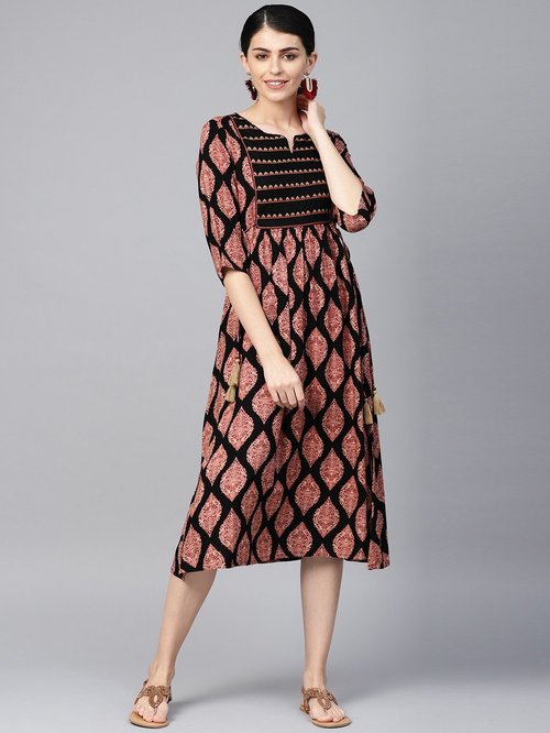 Juniper Black Printed A-Line Dress Price in India