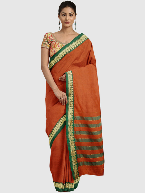 Pavecha's Rust Cotton Saree With Blouse Price in India