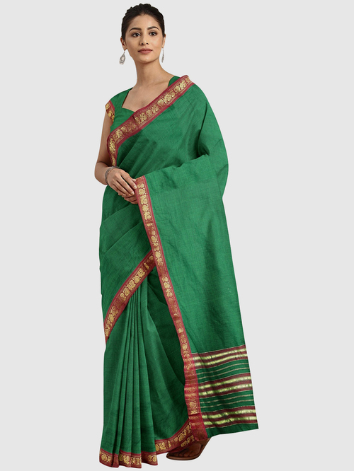 Pavecha's Green Cotton Saree With Blouse Price in India