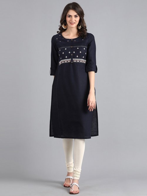 W Navy Embroidered Straight Kurta Price in India