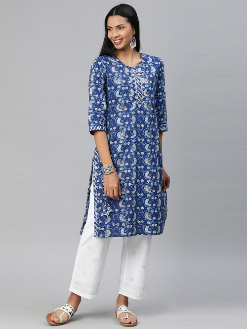 Divena Blue & White Cotton Printed Kurta Pant Set Price in India