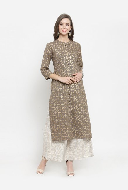 Varanga Grey & Off-White Cotton Printed Kurti Palazzo Set Price in India