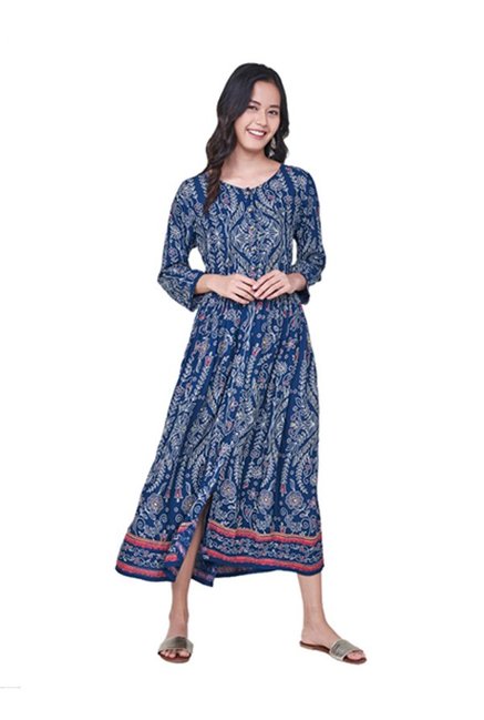 Global Desi Navy Floral Print Midi Dress Price in India