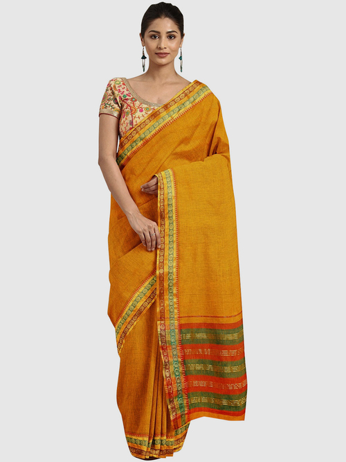 Pavecha's Mustard Cotton Saree With Blouse Price in India