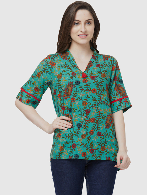 Fusion Beats Green Floral Print Tunic Price in India