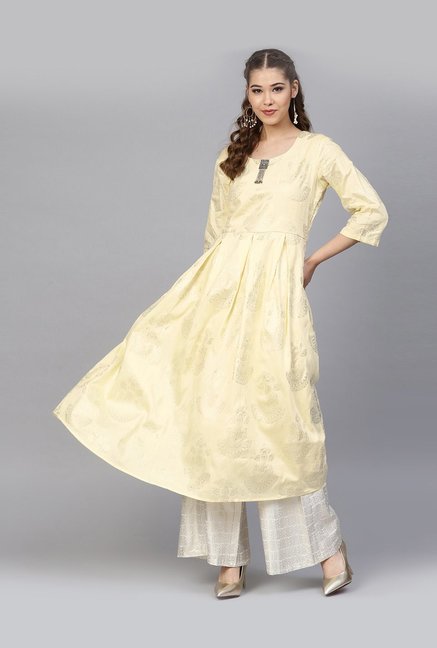 Inddus Yellow & Off-White Cotton Printed Kurti Palazzo Set Price in India