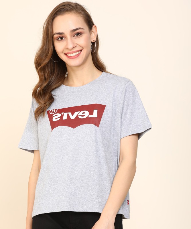 Printed Women Round Neck Grey T-Shirt Price in India