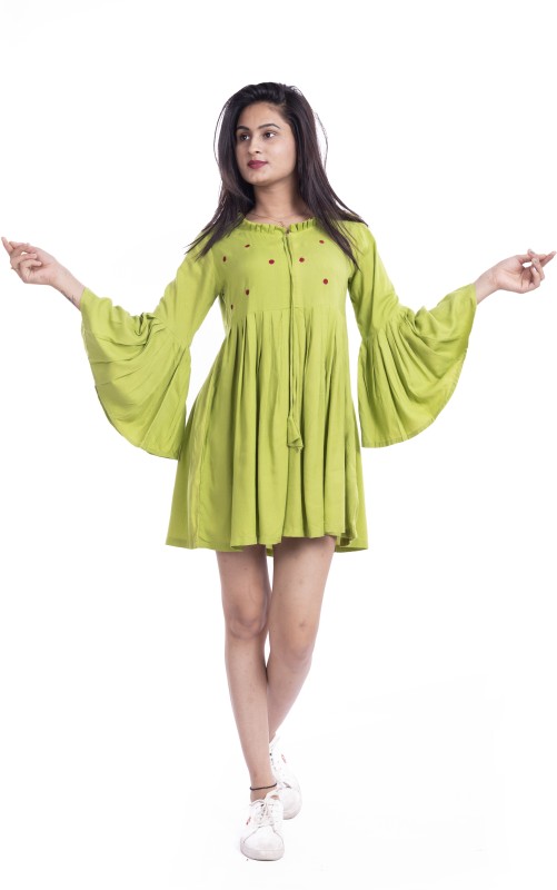 Party Bell Sleeve Embroidered Women Green Top Price in India