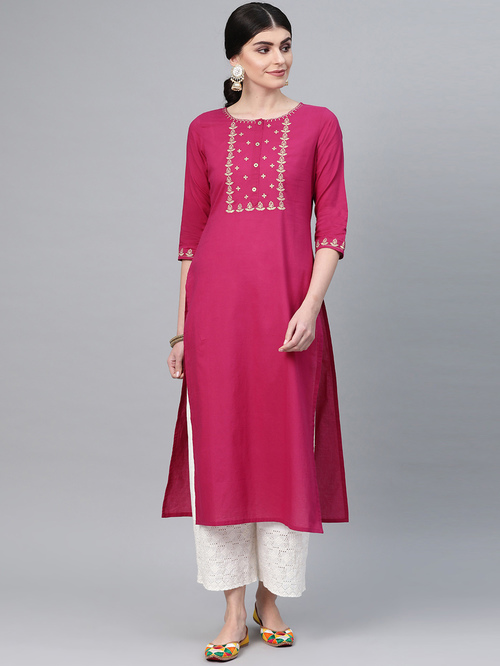 Varanga Pink Cotton Embroidered Straight Kurta Price in India