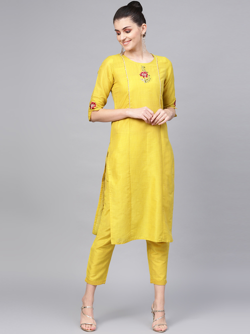 Jaipur Kurti Yellow Cotton Embroidered Kurta Pant Set Price in India