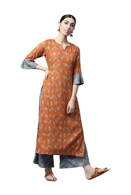 Gerua Orange & Grey Printed Rayon Kurta With Palazzo Price in India