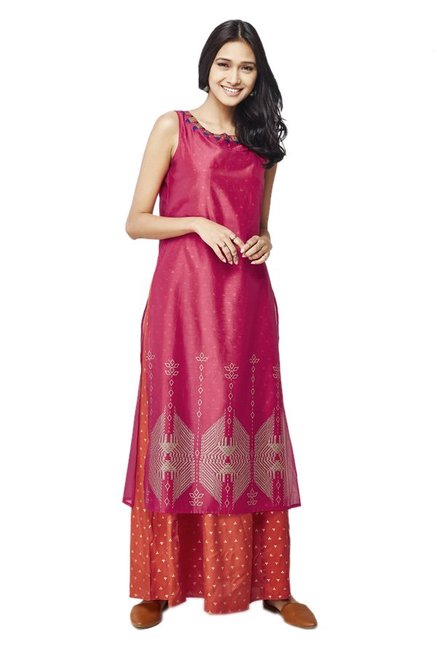 Global Desi Pink & Orange Printed Kurta With Skirt Price in India