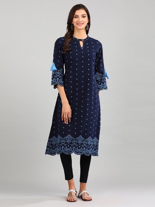 Aurelia Navy Cotton Embroidered A Line Kurta Price in India