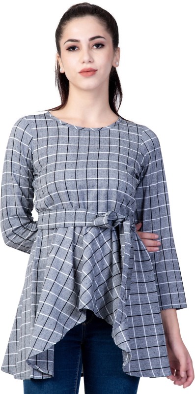 Casual 3/4 Sleeve Checkered Women Grey Top Price in India