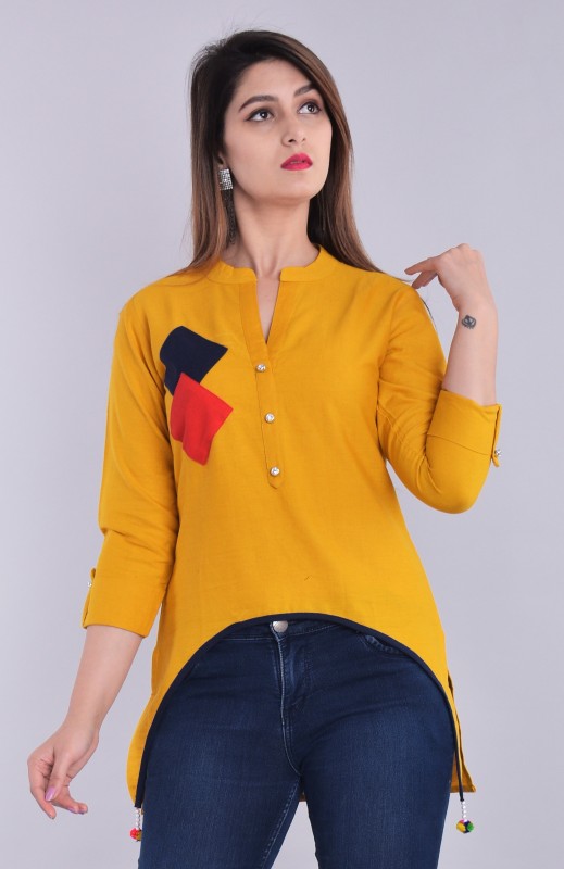 Casual 3/4 Sleeve Solid Women Yellow Top Price in India