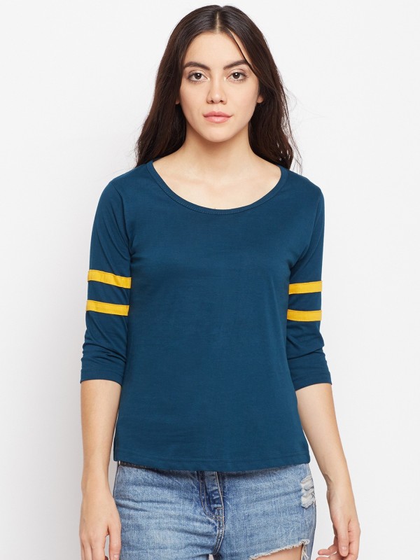 Solid Women Round Neck Dark Blue T-Shirt Price in India