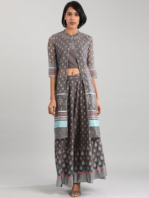 Aurelia Grey Printed Top Skirt Set With Gilet Price in India