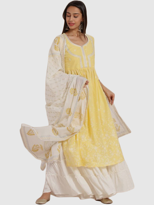 Imara Yellow & White Printed Kurta Sharara Set With Dupatta Price in India