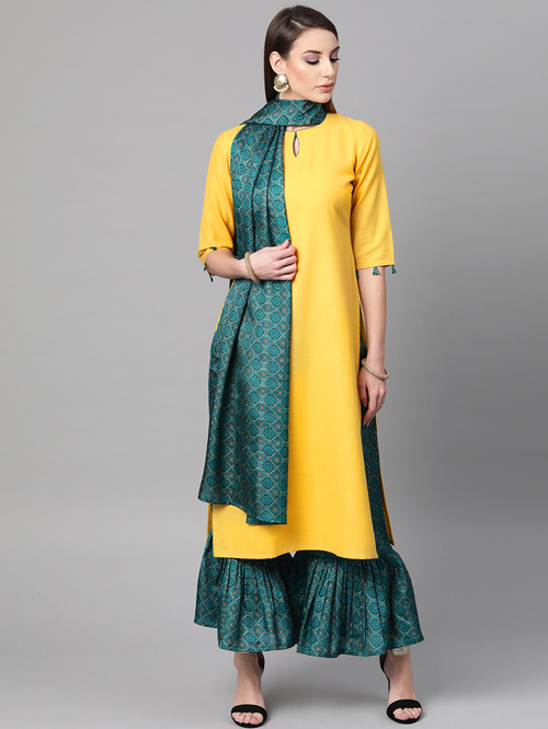 Gerua Yellow & Green Cotton Kurta Palazzo Set With Stole Price in India